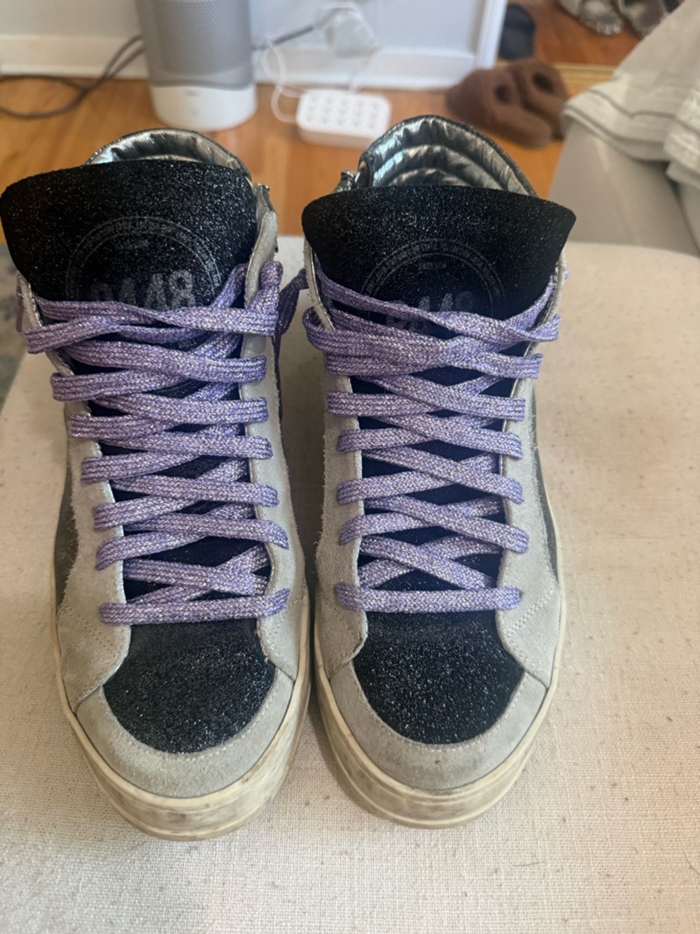 P448 Grey & Black High-Top Sneakers with Lavender Laces